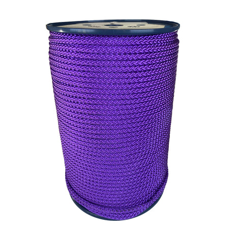 spool of 6mm purple braided cord on a plastic reel on a white background