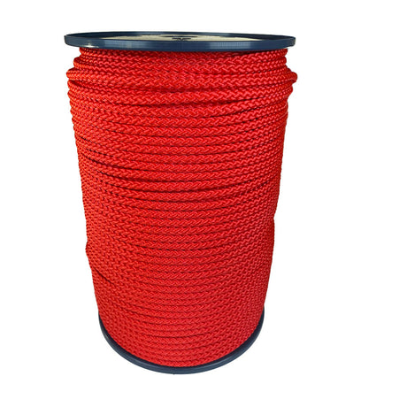 spool of 6mm red braided cord on a plastic reel on a white background