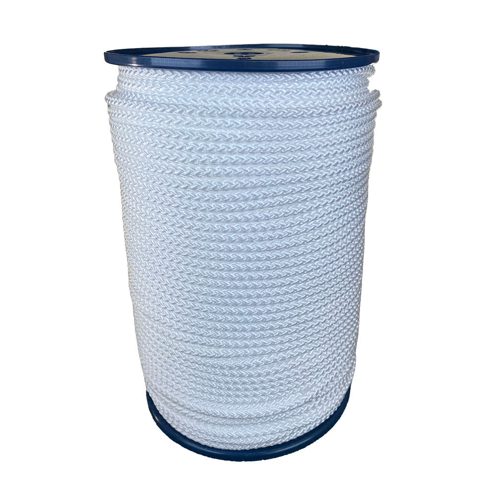 spool of 6mm white braided cord on a plastic reel on a white background