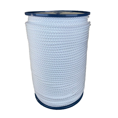 spool of 6mm white braided cord on a plastic reel on a white background