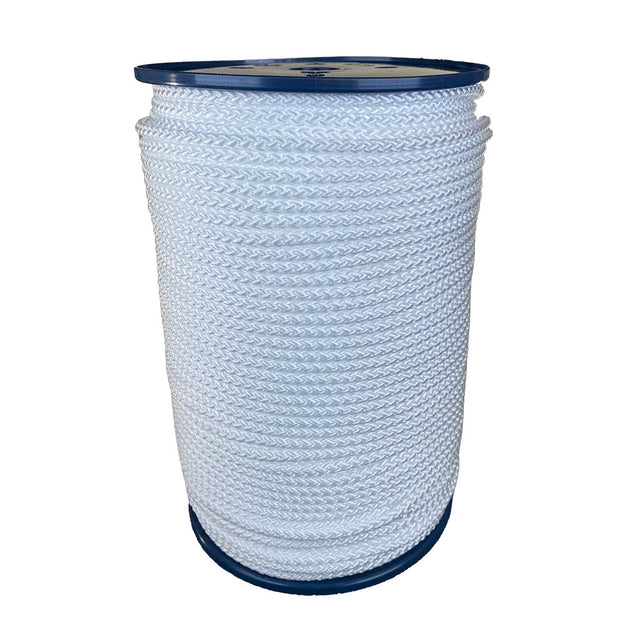 spool of 6mm white braided cord on a plastic reel on a white background