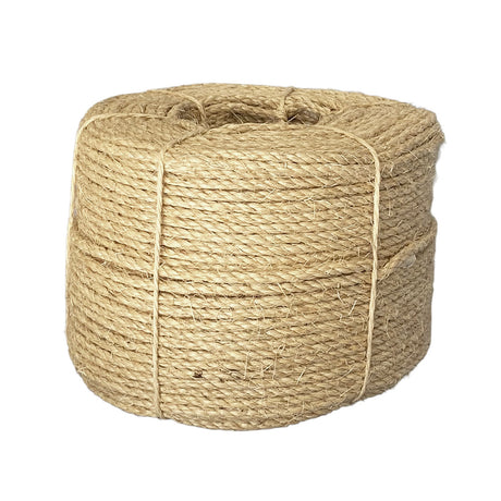 Coil of 6mm natural sisal rope tied with twine against a white background