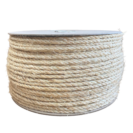 A spool of 6mm sisal rope on a cardboard reel, on a white background. 