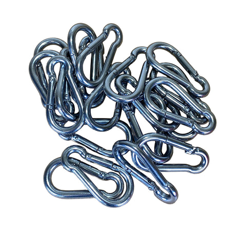 A pile of 6mm stainless steel carbine hook on a white background.