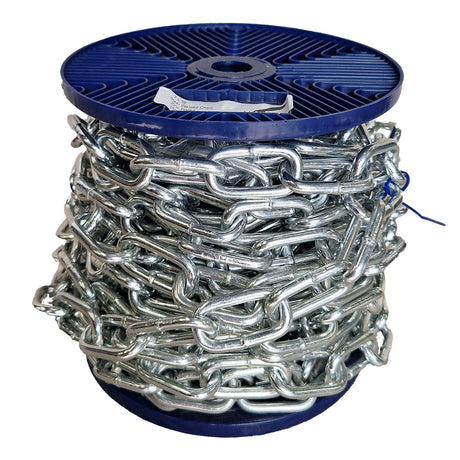 Spool of chain on a blue reel with a white background