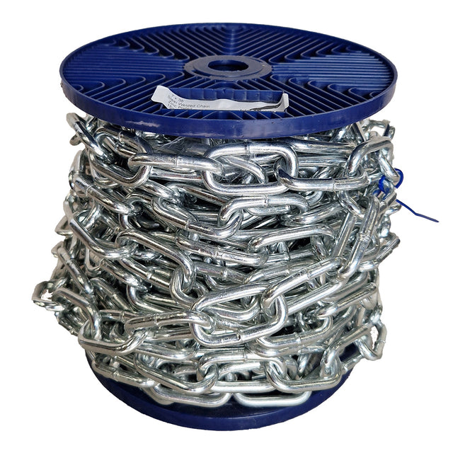 Spool of chain on a blue reel with a white background