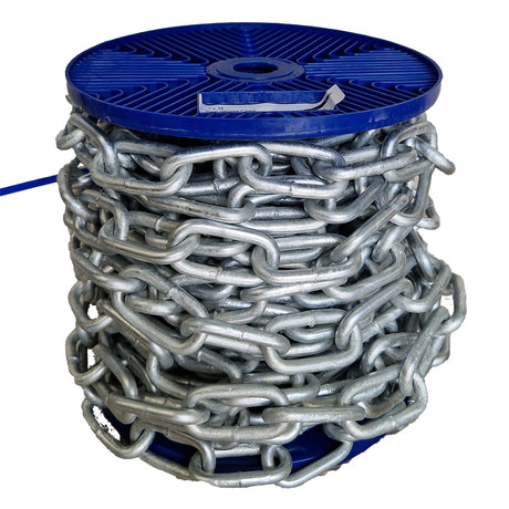 Spool of chain on a blue reel with a white background