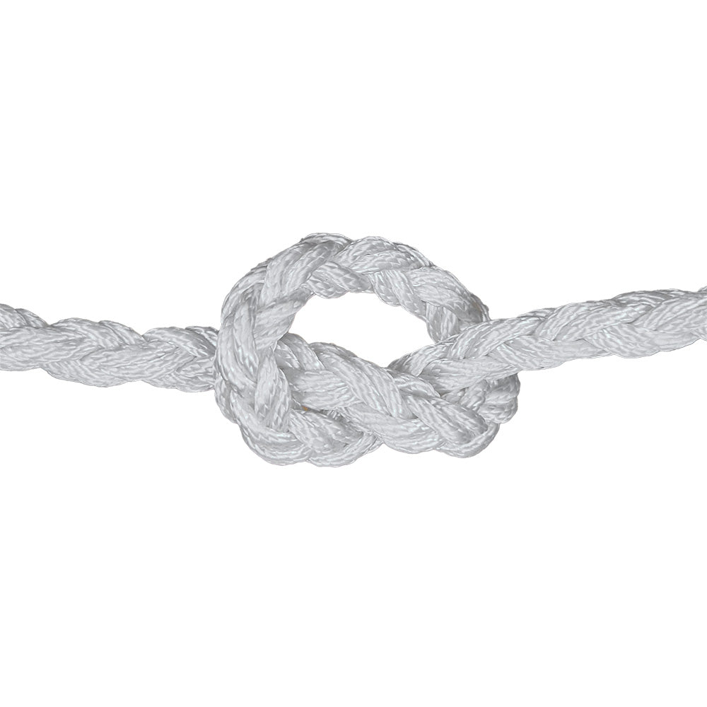 close-up of 8-strand nylon rope with a knot on a white background