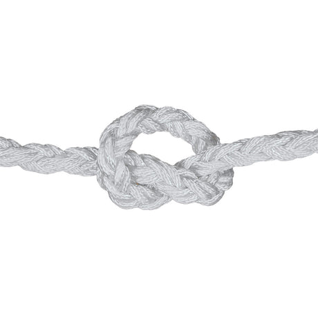 close-up of 8-strand nylon rope with a knot on a white background