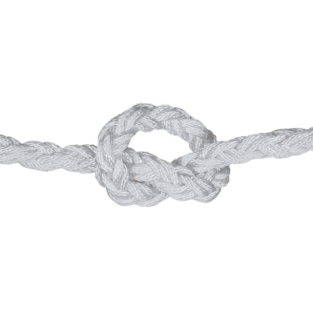 close-up of 8-strand nylon rope with a knot on a white background