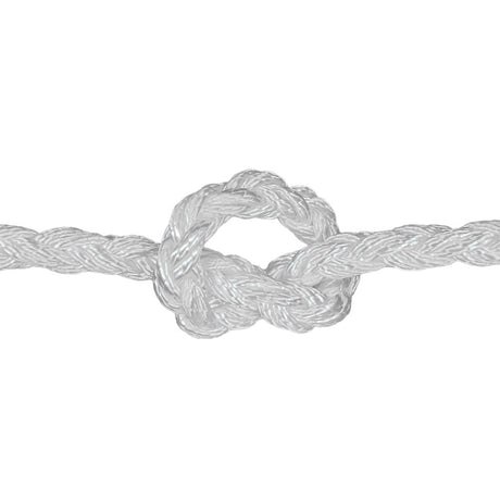 close-up of 8-strand nylon rope with a knot on a white background