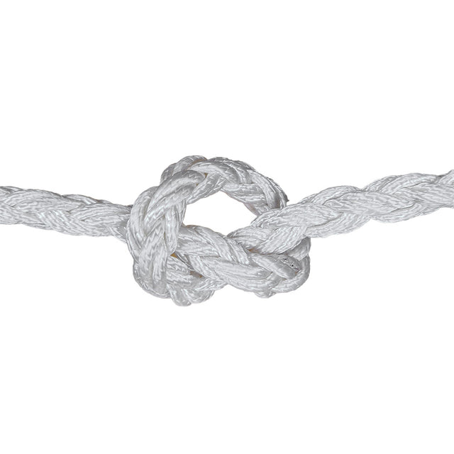 close-up of 8-strand nylon rope with a knot on a white background