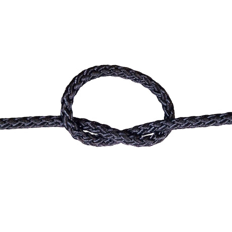 Close-up of a knotted black rope on a white background