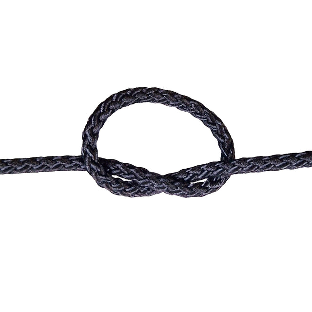Close-up of a knotted black rope on a white background