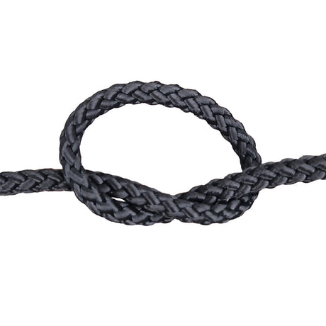 close-up of a knot of 6mm black braided cord against a white background