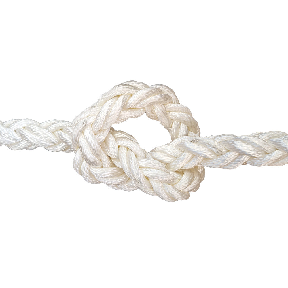 Close-up of 20mm white braided nylon rope in a knot on a white background
