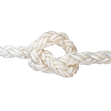 Close-up of 20mm white braided nylon rope in a knot on a white background