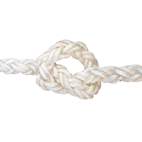 Close-up of 20mm white braided nylon rope in a knot on a white background
