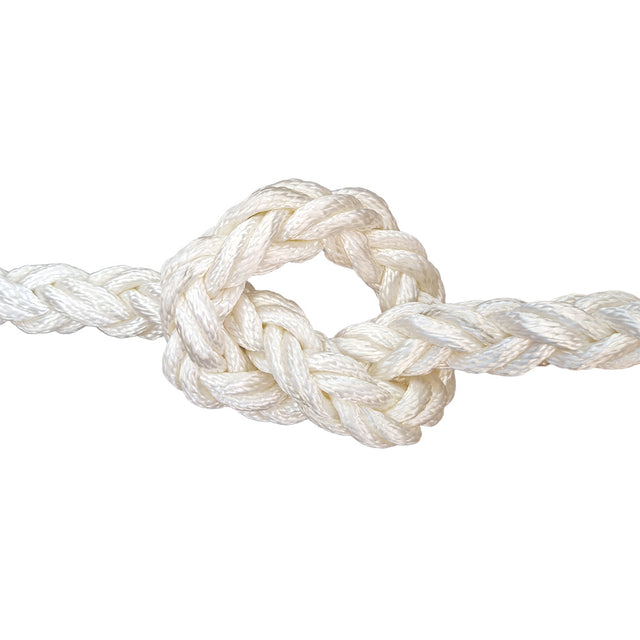 Close-up of 20mm white braided nylon rope in a knot on a white background