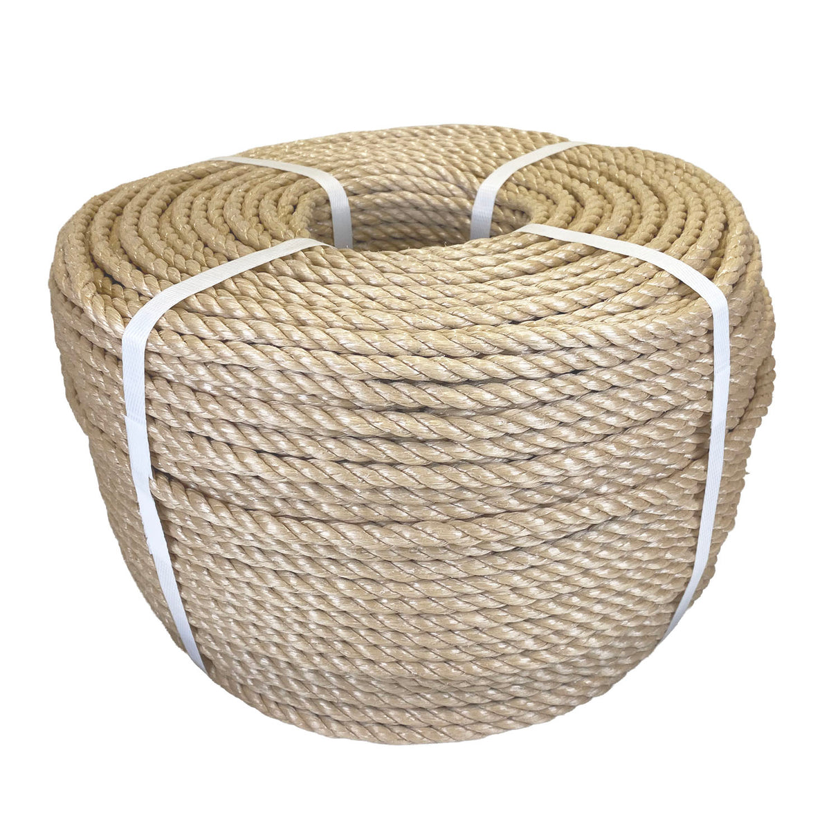 Coil of beige polypropylene rope with white banding on a white background