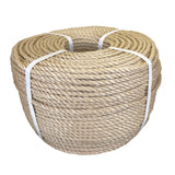 Coil of beige polypropylene rope with white banding on a white background