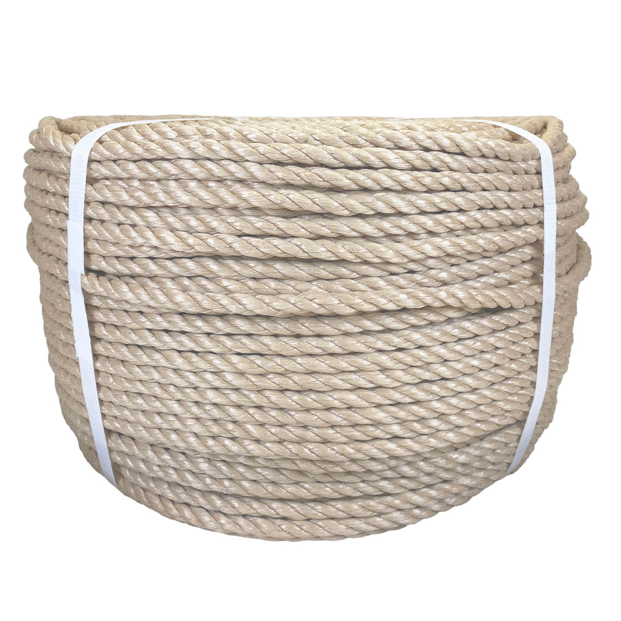 Coil of beige polypropylene rope with white banding on a white background
