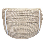 Coil of beige polypropylene rope with white banding on a white background