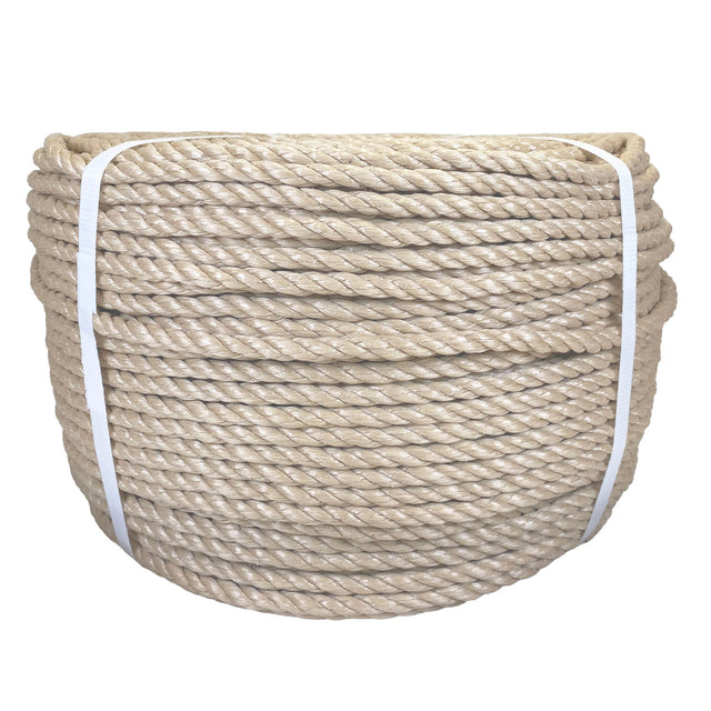 Coil of beige polypropylene rope with white banding on a white background