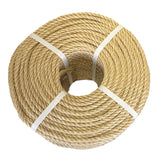 Coil of beige polypropylene rope with white banding on a white background