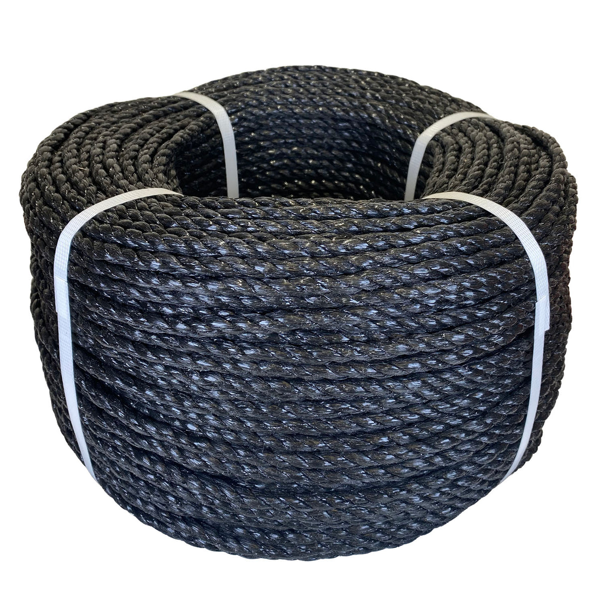 Coil of black polypropylene rope with white banding on a white background