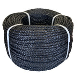 Coil of black polypropylene rope with white banding on a white background