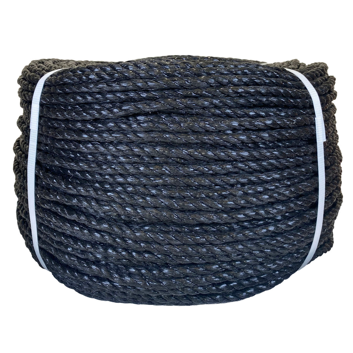 Coil of black polypropylene rope with white banding on a white background