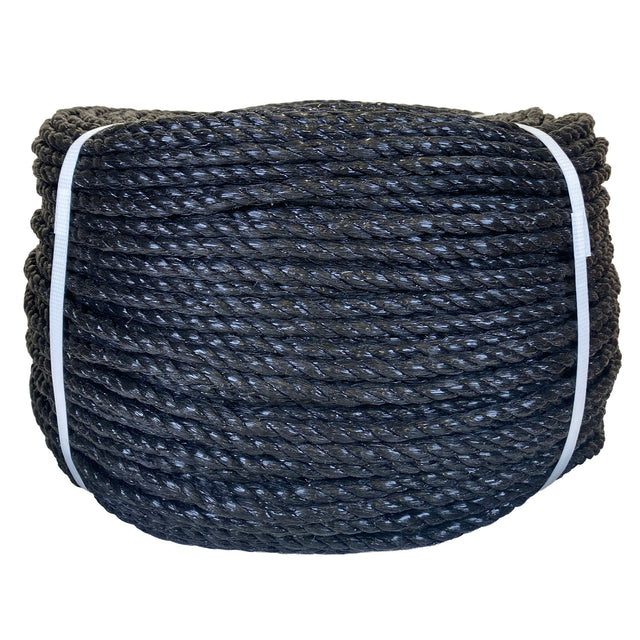 Coil of black polypropylene rope with white banding on a white background