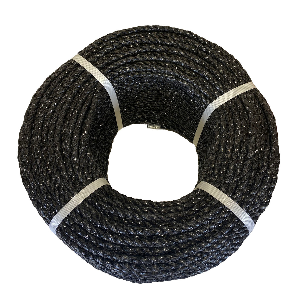 Coil of black polypropylene rope with white banding on a white background