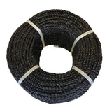 Coil of black polypropylene rope with white banding on a white background