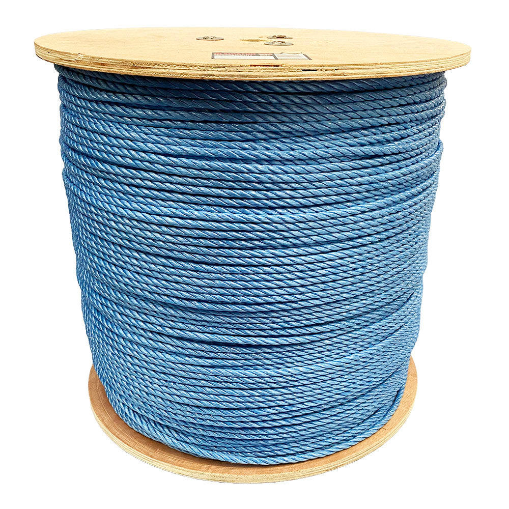 Spool of 8mm blue polypropylene rope on a wooden reel with a white background