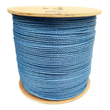 Spool of 8mm blue polypropylene rope on a wooden reel with a white background