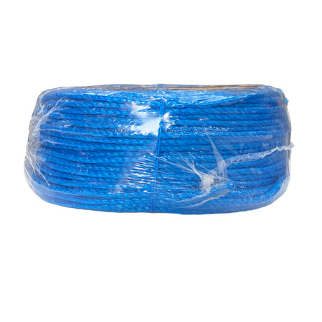 Shrink wrapped coil of 8mm blue polypropylene rope with a white background