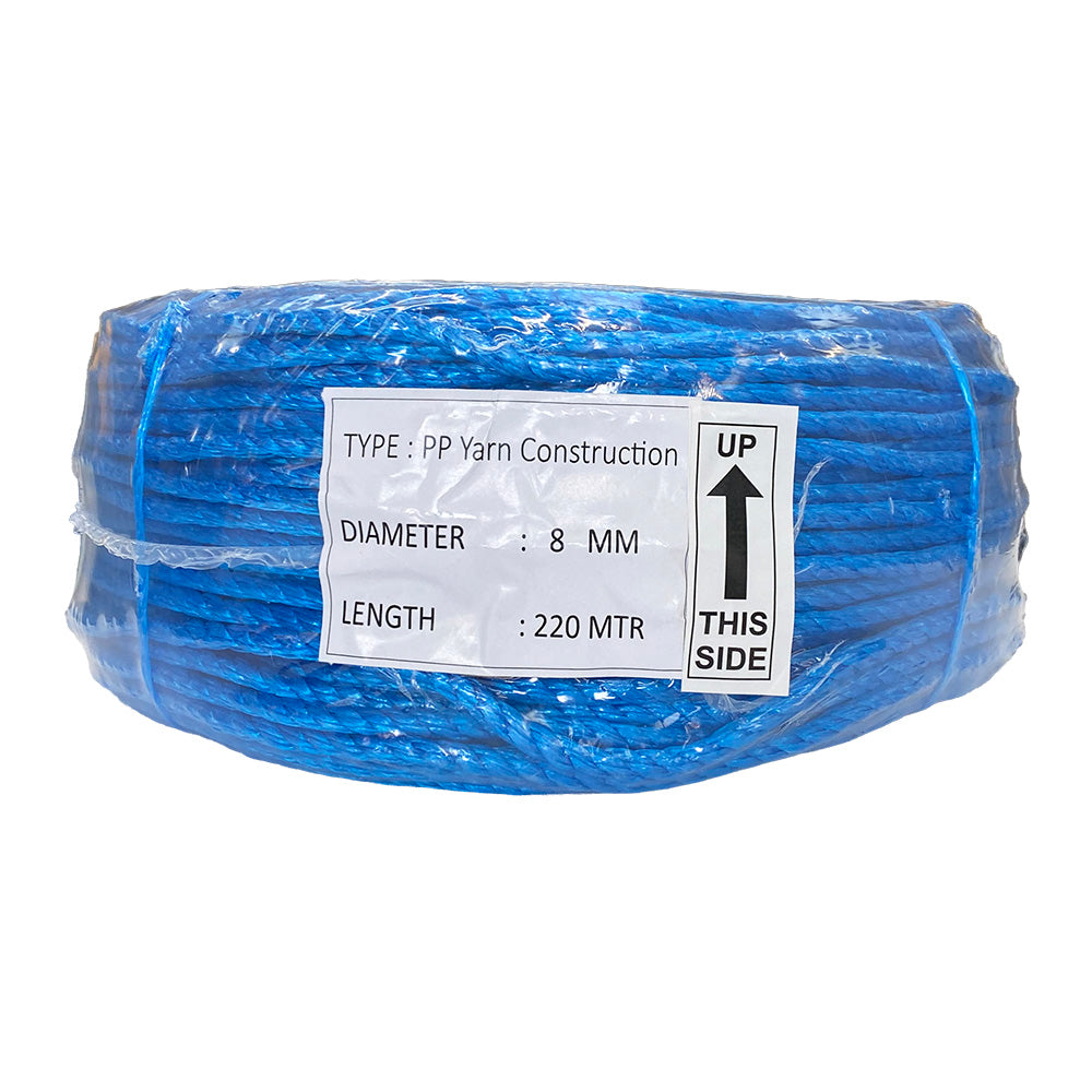 Shrink wrapped coil of 8mm blue polypropylene rope with a label on a white background