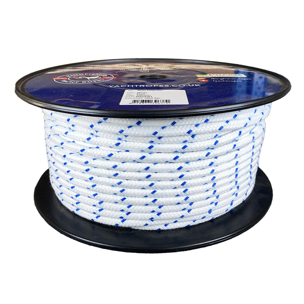 Spool of 8mm blue fleck matt polyester rope with a blue label on a white background
