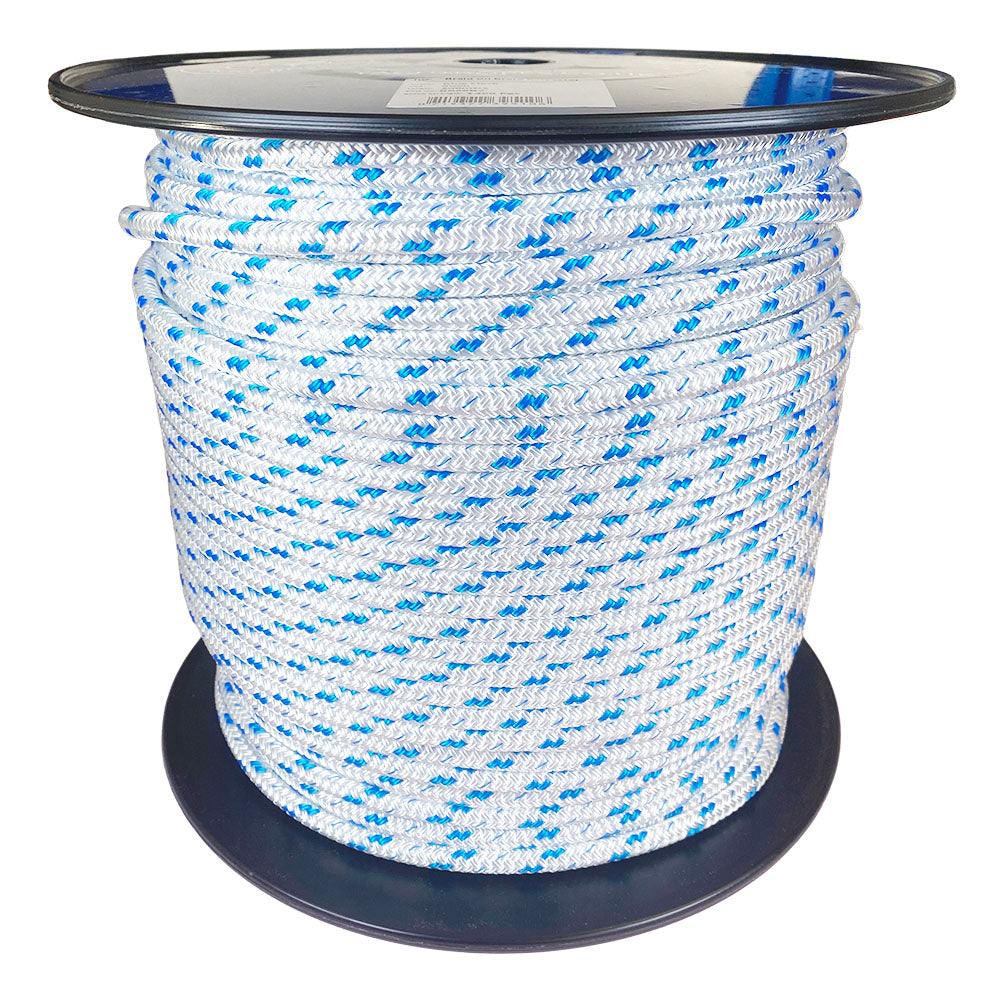 Spool of an 8mm white with blue fleck braided polyester rope on a plastic reel with a white background