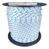 Spool of an 8mm white with blue fleck braided polyester rope on a plastic reel with a white background