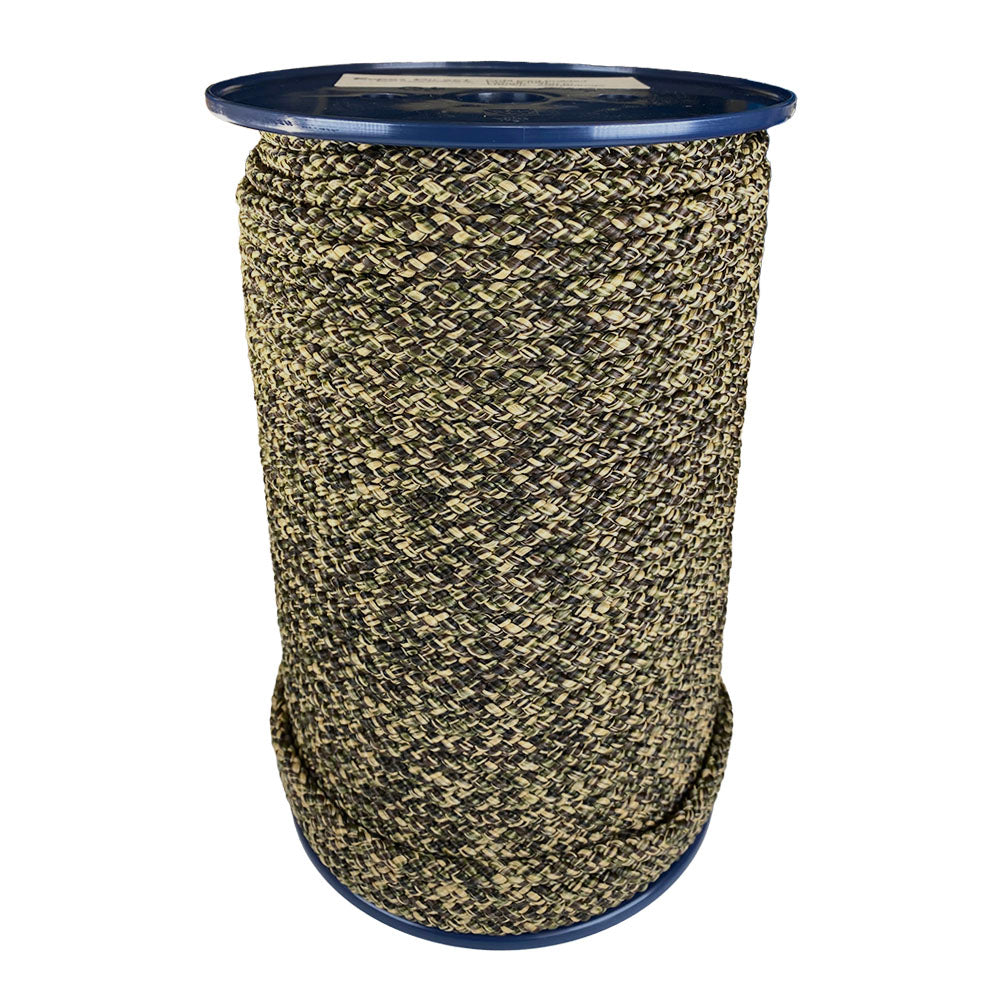 Spool of 8mm camouflage braided cord on a plastic reel with a white background