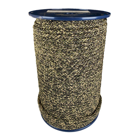 Spool of 8mm camouflage braided cord on a plastic reel with a white background