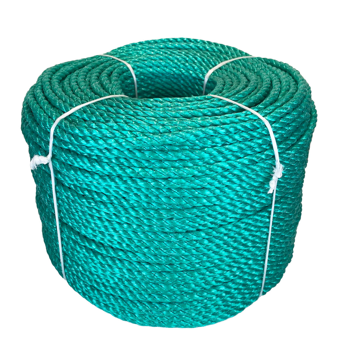 Coil of green polypropylene rope with white banding on a white background