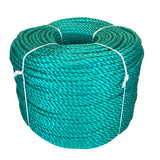 Coil of green polypropylene rope with white banding on a white background