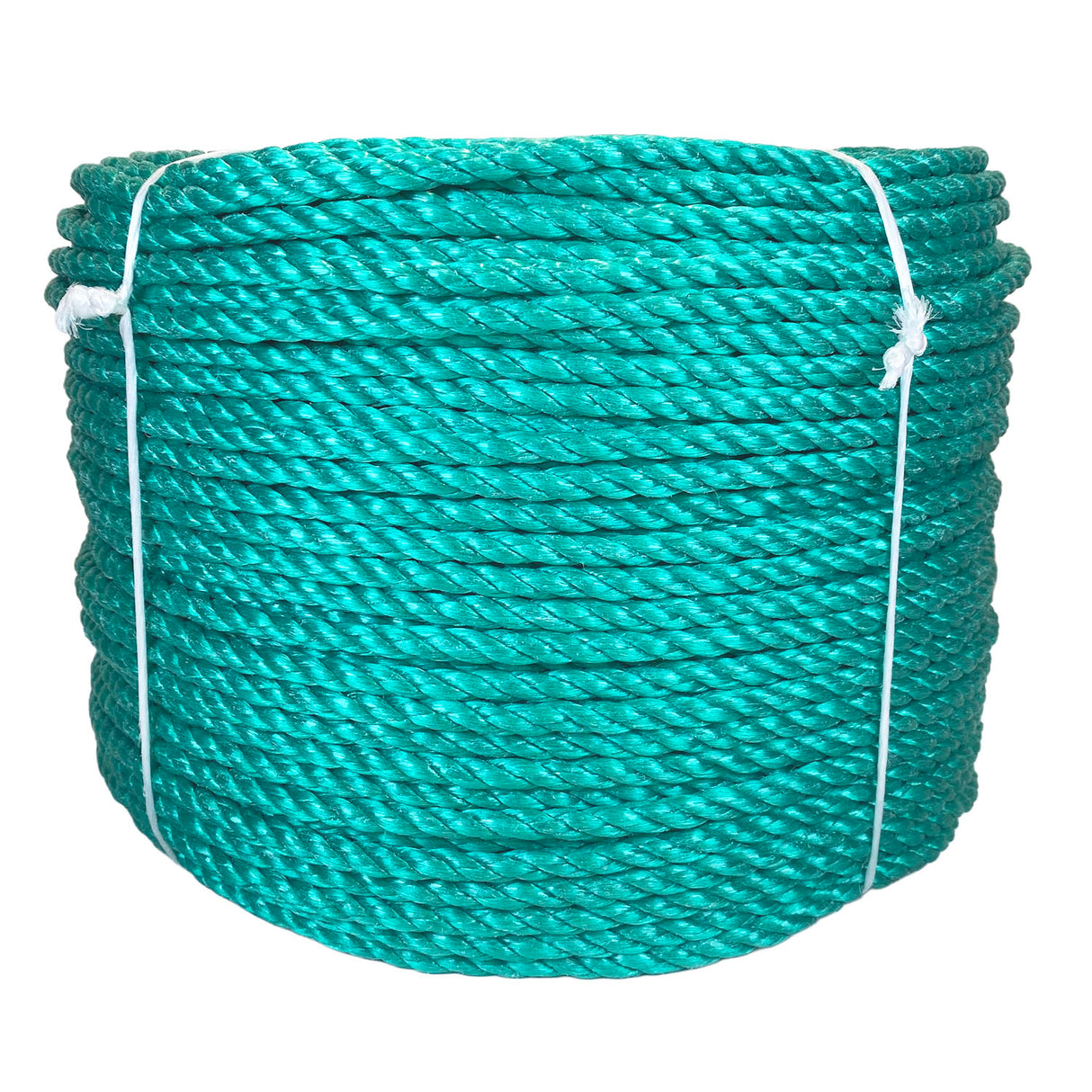 Coil of green polypropylene rope with white banding on a white background