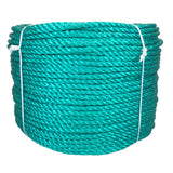 Coil of green polypropylene rope with white banding on a white background
