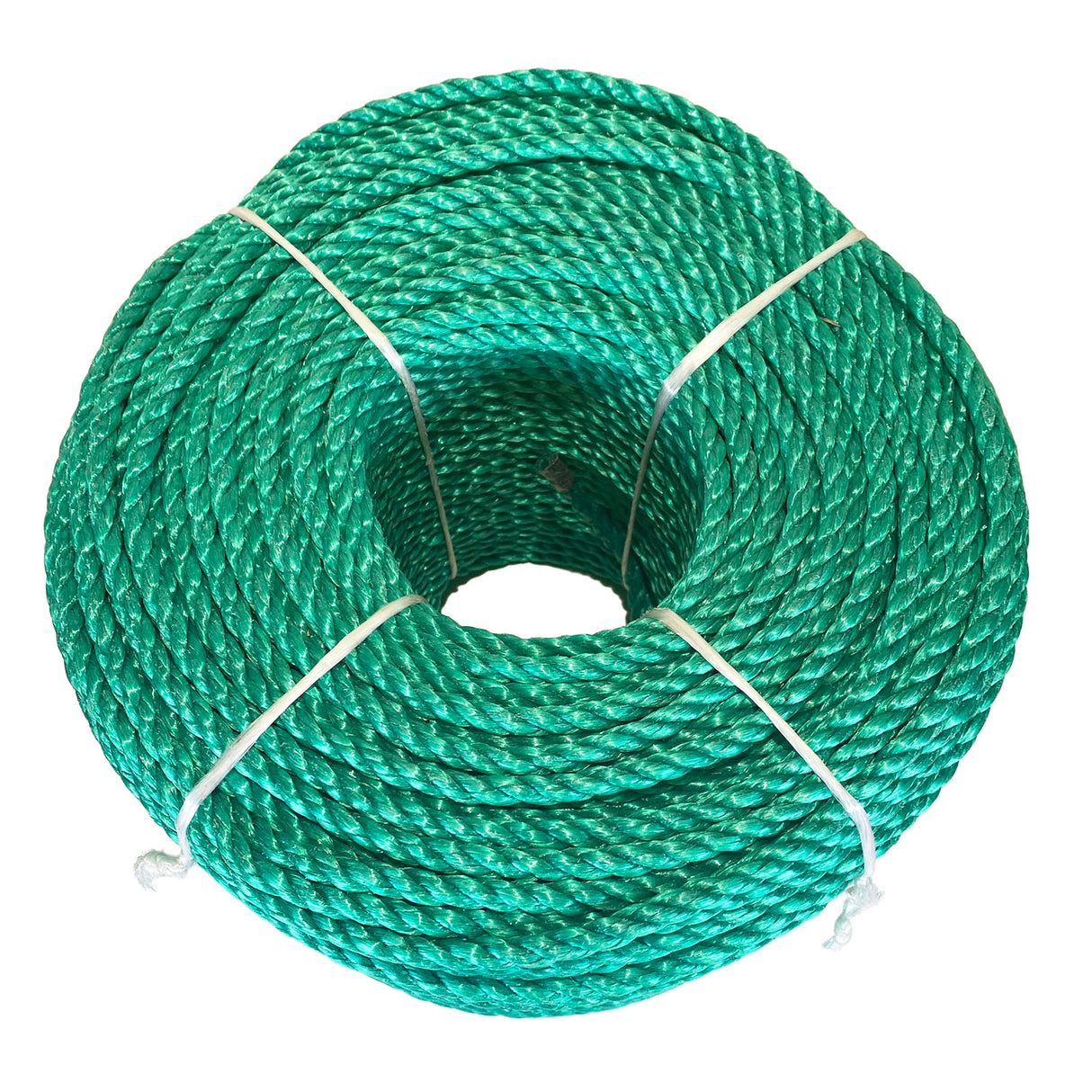 Coil of green polypropylene rope with white banding on a white background