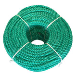 Coil of green polypropylene rope with white banding on a white background